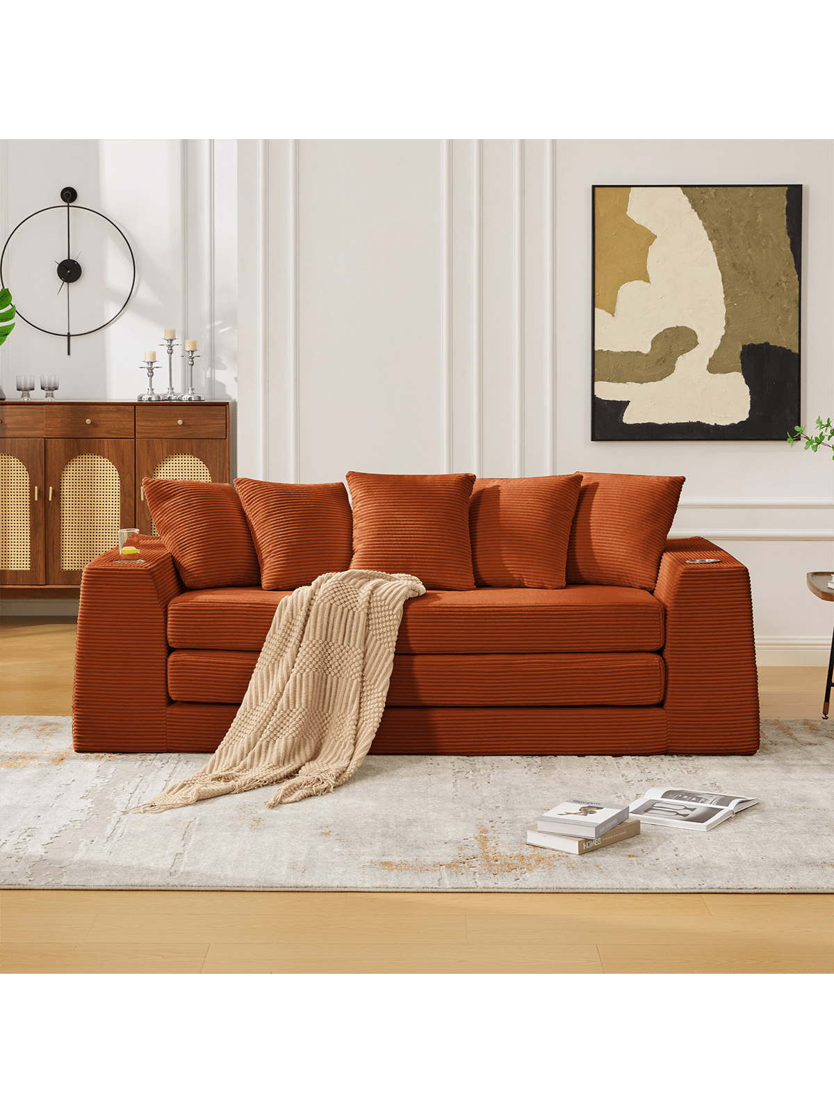 Alt View 1. Trinkets Crazed - 82.25" Convertible Sofa Bed, Loveseat Sleeper Sofa, 2 In 1 Sofa, Corduroy Pull Out Sofa Bed, 5 Pillows, Side Pocket - Orange.