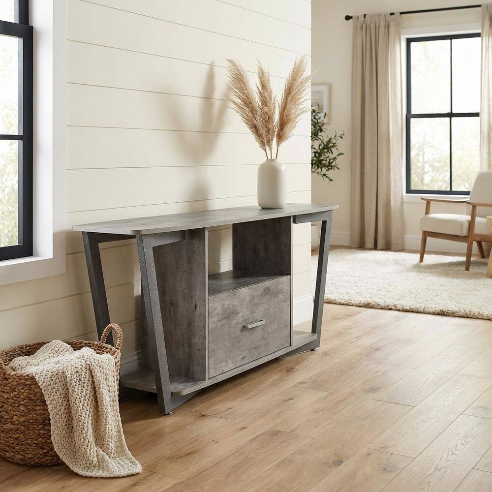 Alt View 2. FurniFact - Gray TV stand with single drawer and shelf for 65-inch TVs, powder-coated metal - Brown.