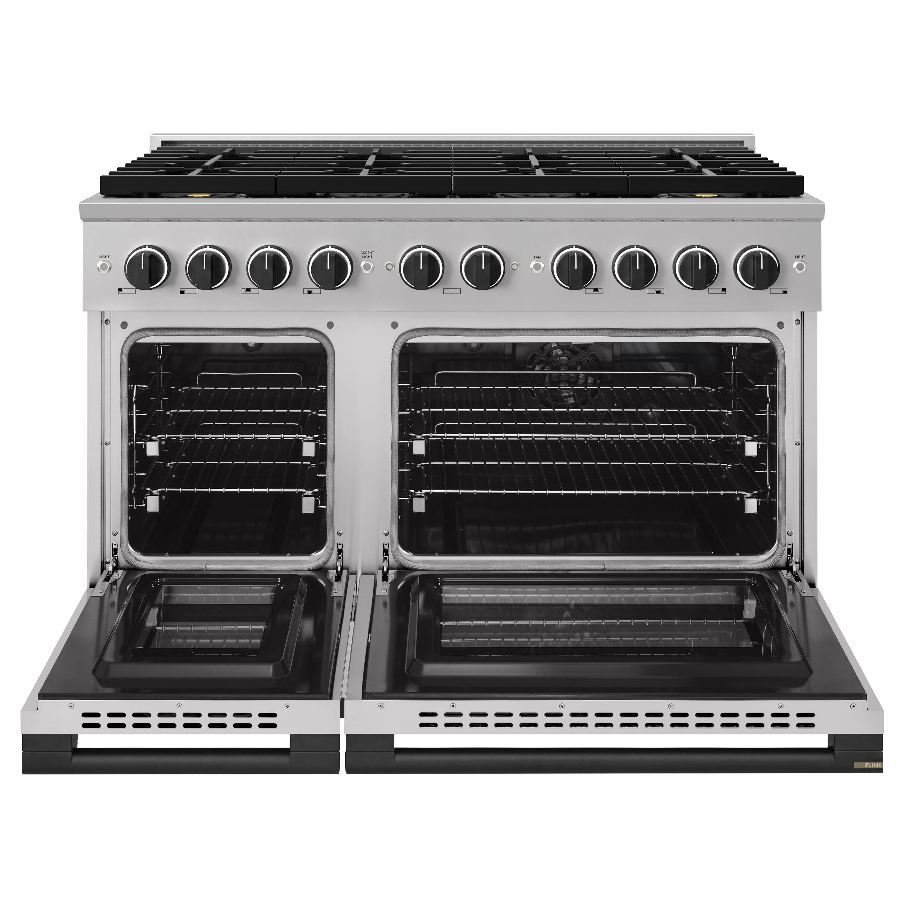 Angle. ZLINE - Autograph 48 in. 6.7 cu. ft. Marino Freestanding DuoPro Dual Fuel Range with Convection Oven & Black Accents - Stainless Steel.