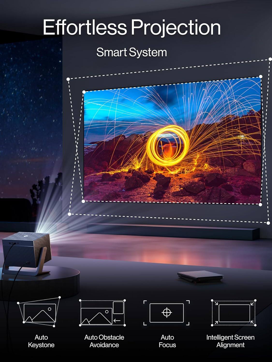 Effortless Projection Smart System: Auto Keystone, Auto Obstacle Avoidance, Auto Focus, Intelligent Screen Alignment