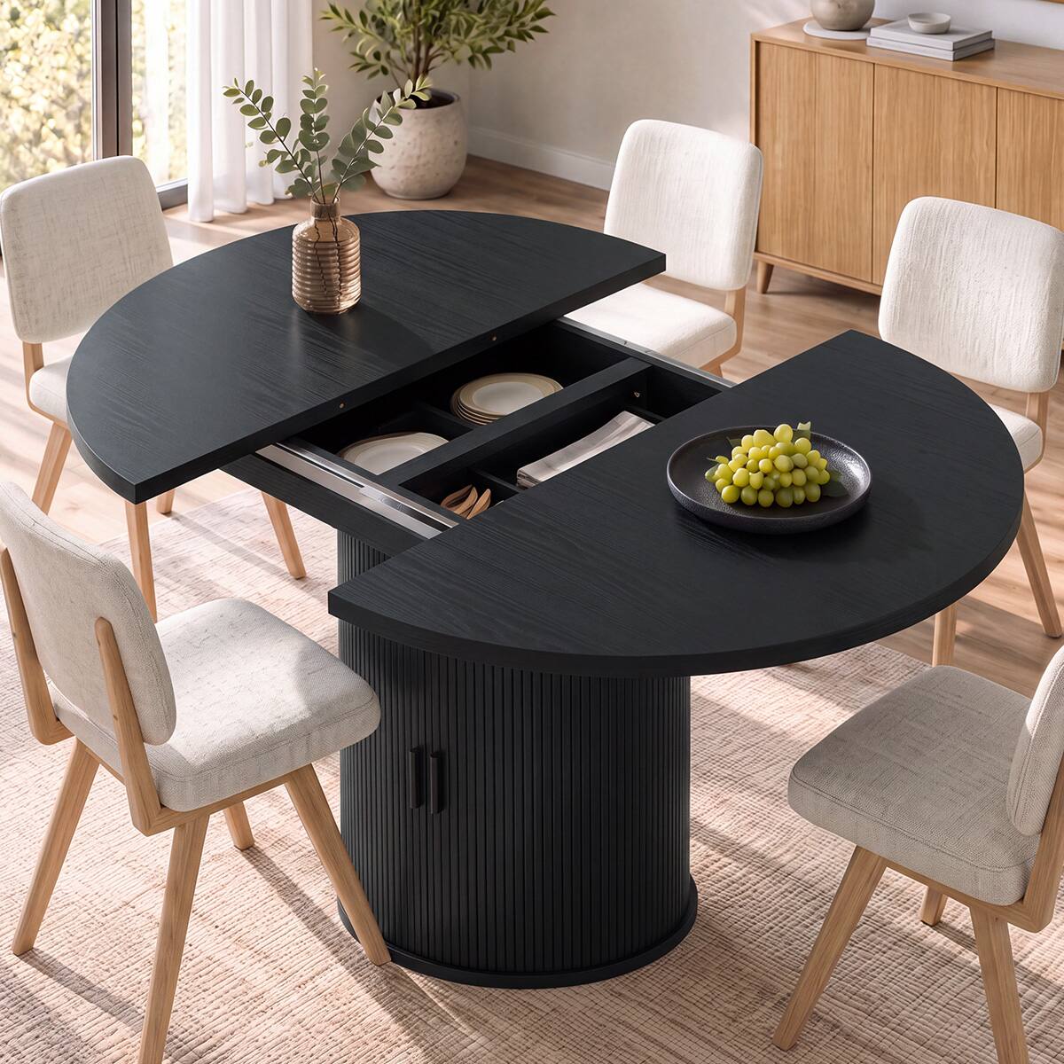 Angle. Dyonery - Extendable Dining Table 43-59" for 4-6 People, Round Kitchen Table with Fluted Slide Door & 8-Compartment Storage - Black.