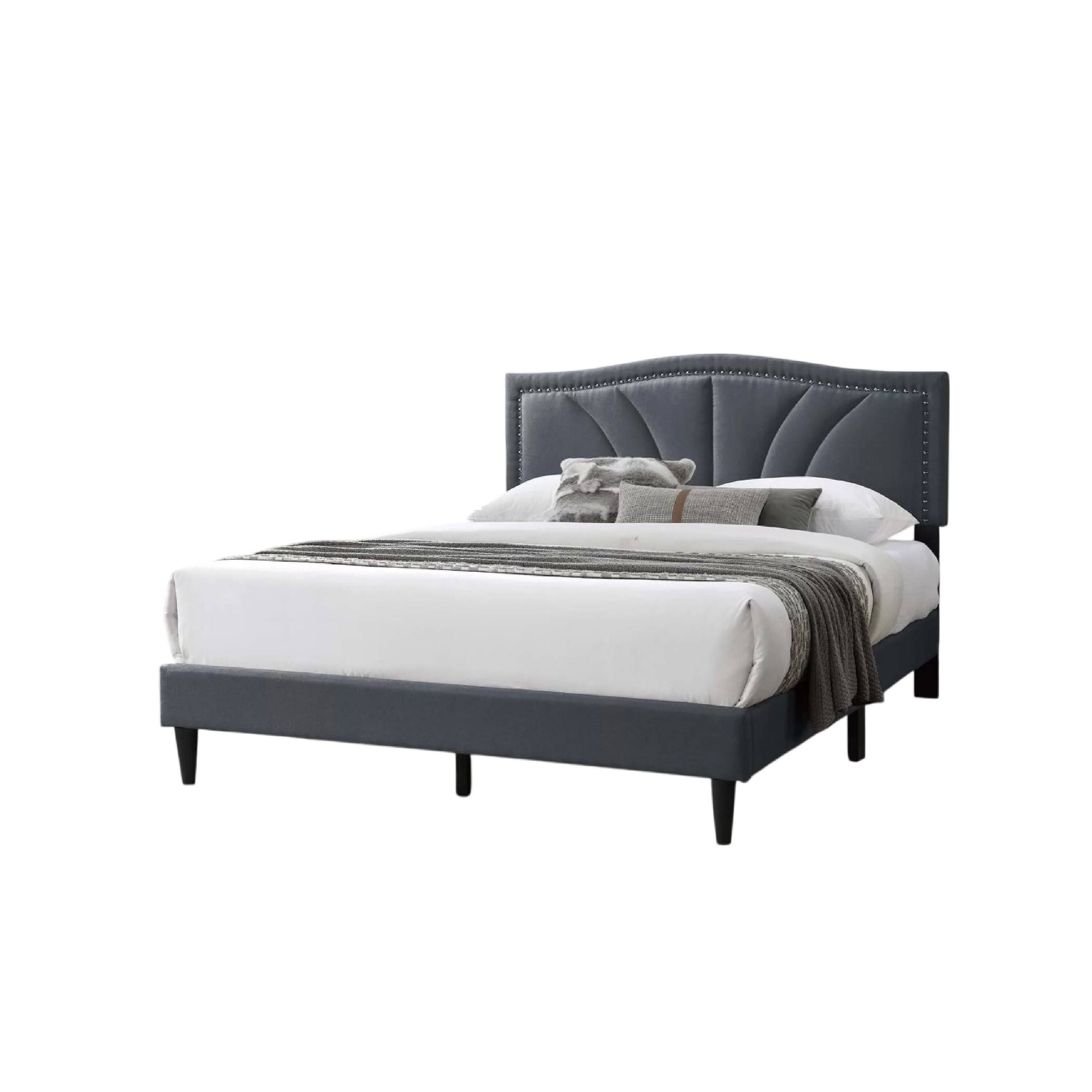 Left. Manhattan Lane - Carie Full Bed, Charcoal Gray Burlap Upholstery, Padded Headboard - Charcoal Gray, Black.