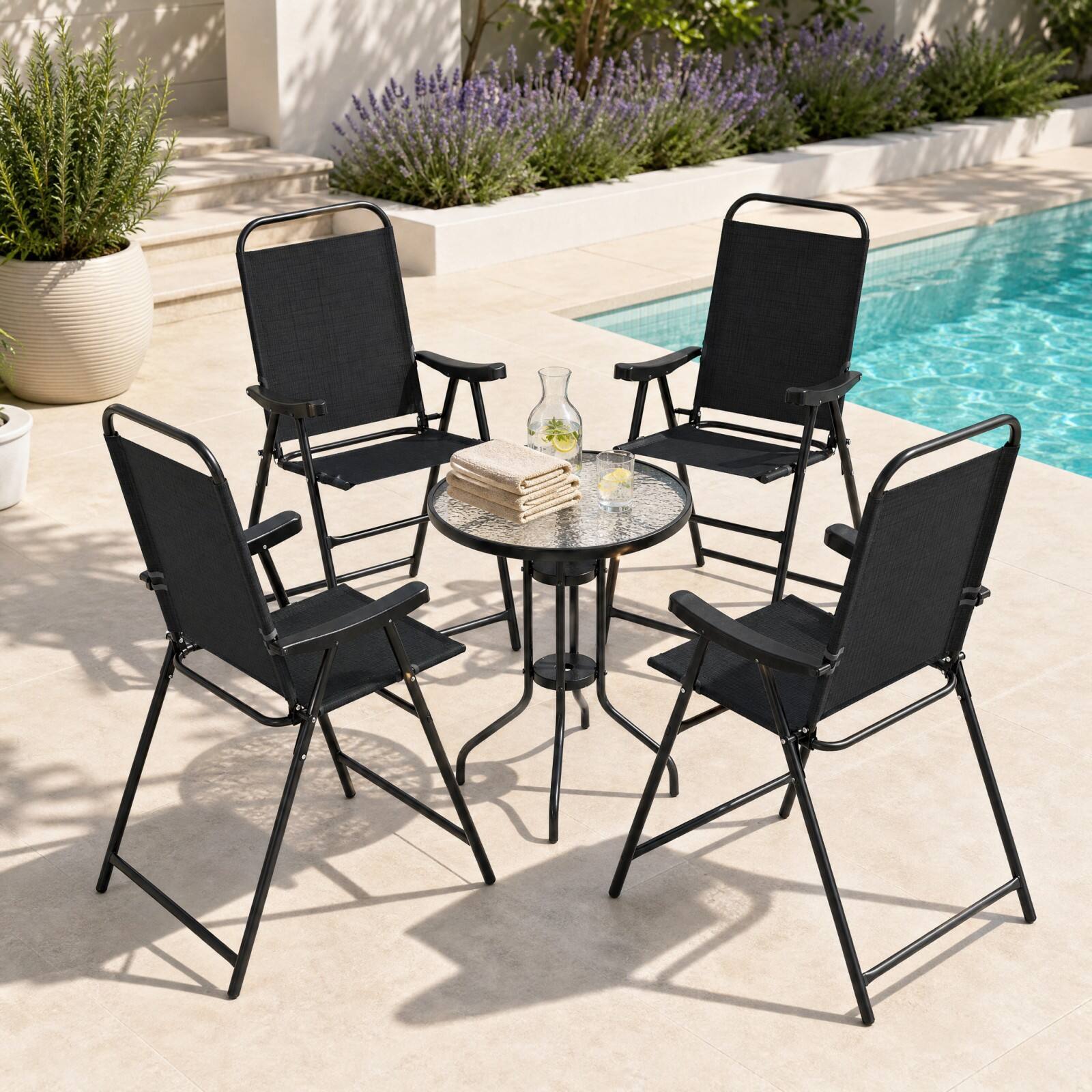 Alt View 3. Gymax - Gymax 4PCS Patio Bar Chair Folding Bar Height Metal Frame w/ Footrest Garden Coffee Black - Black.