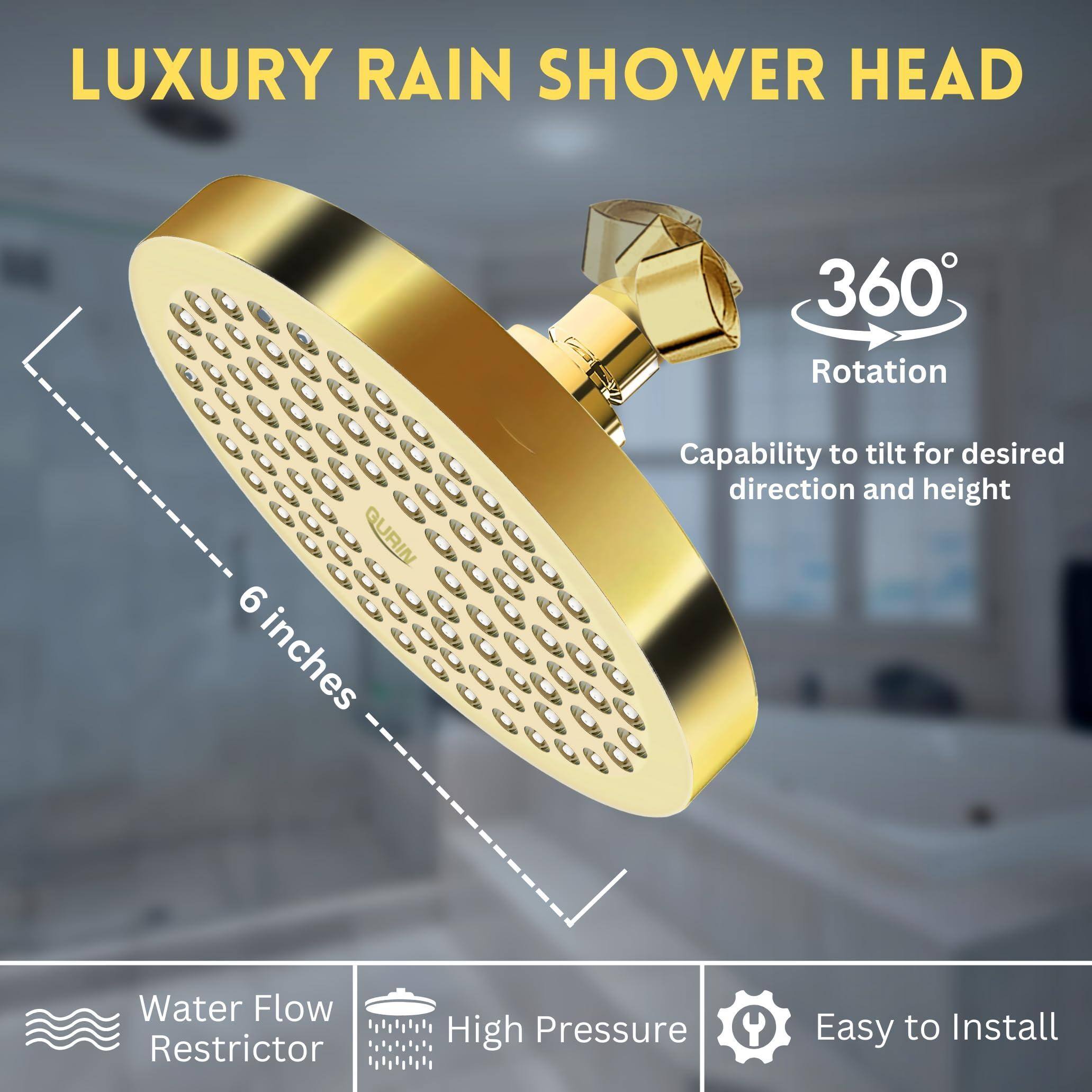 LUXURY RAIN SHOWER HEAD

- 360° Rotation
- Capability to tilt for desired direction and height
- 6 inches
- Water Flow Restrictor
- High Pressure
- Easy to Install