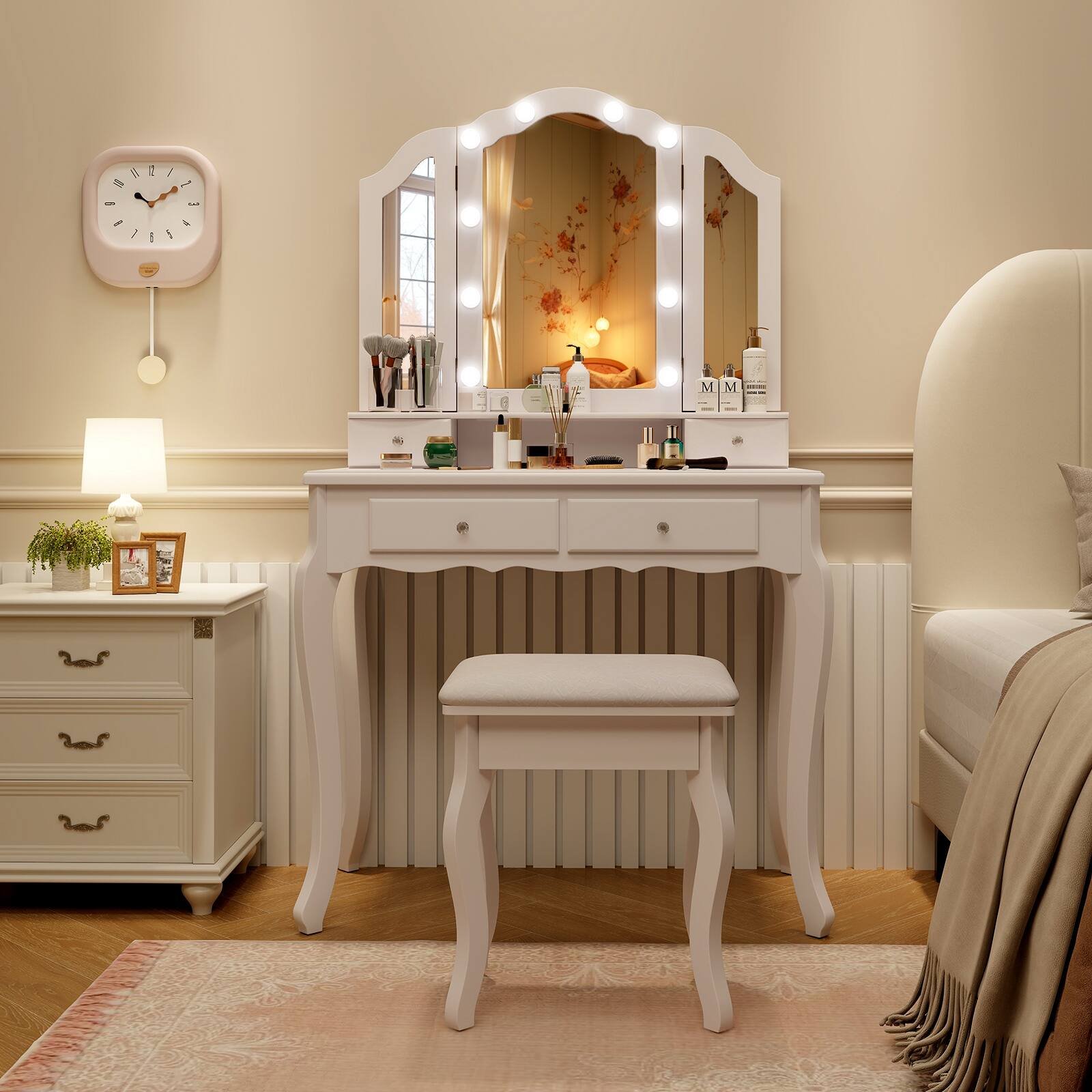 Angle. SlickBlue - Makeup Vanity Desk with Lighted Mirror and Organized Storage Drawers - White.