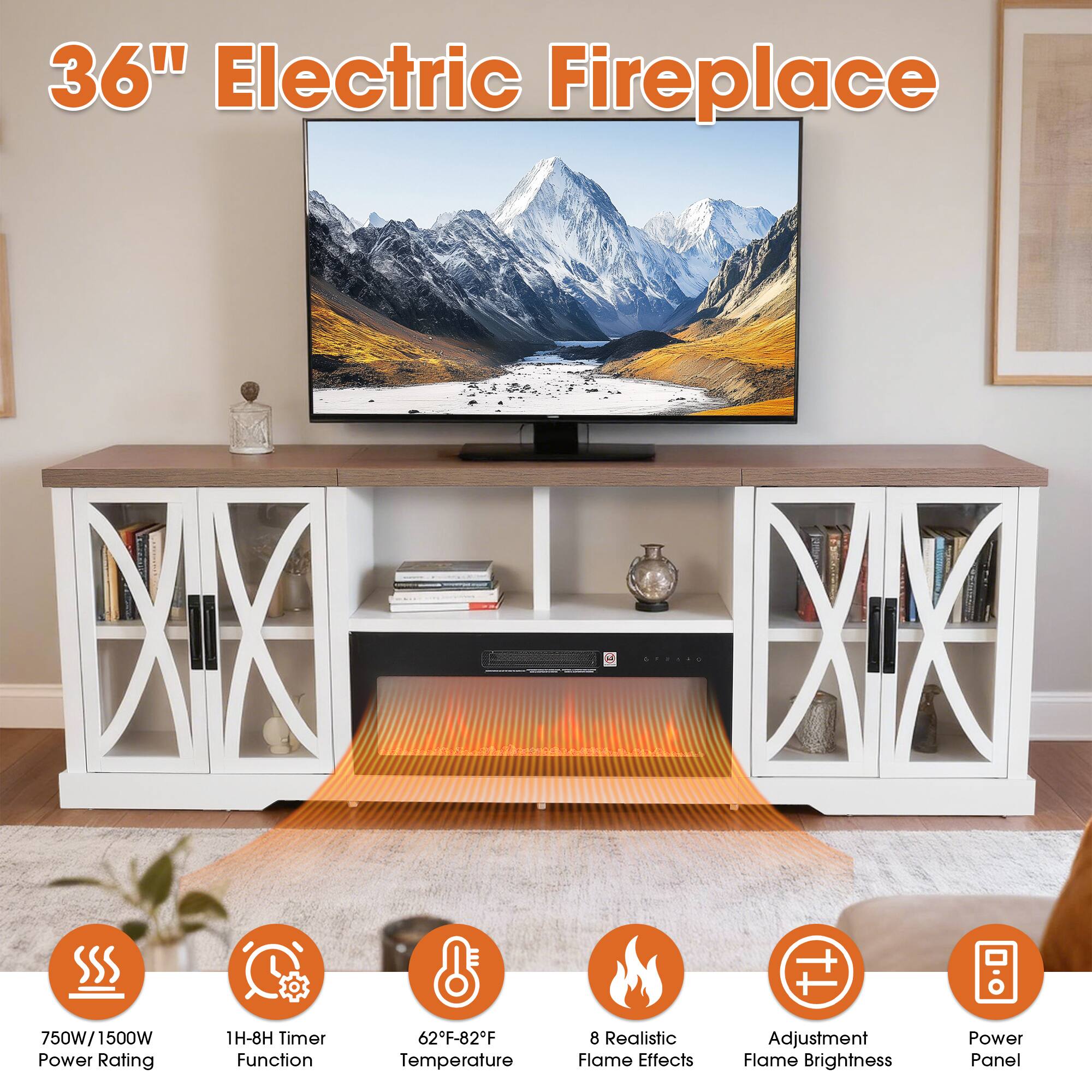 36" Electric Fireplace

- 750W/1500W Power Rating
- 1H-8H Timer Function
- 62°F-82°F Temperature
- 8 Realistic Flame Effects
- Adjustment Flame Brightness
- Power Panel