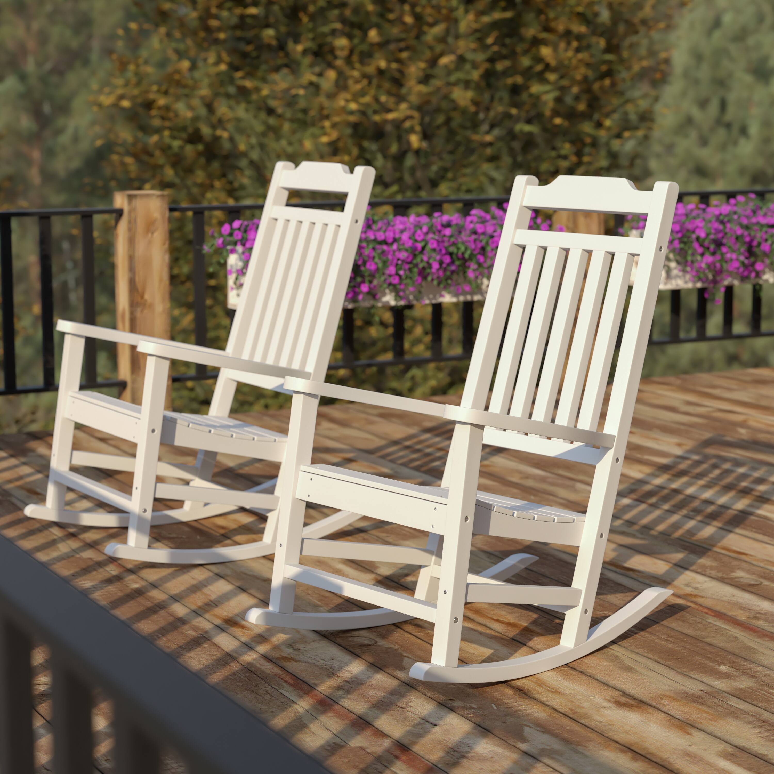Alt View 2. Emma + Oliver - Set of 2 All-Weather Poly Resin Faux Wood Rocking Chairs for Porch &Patio - White.
