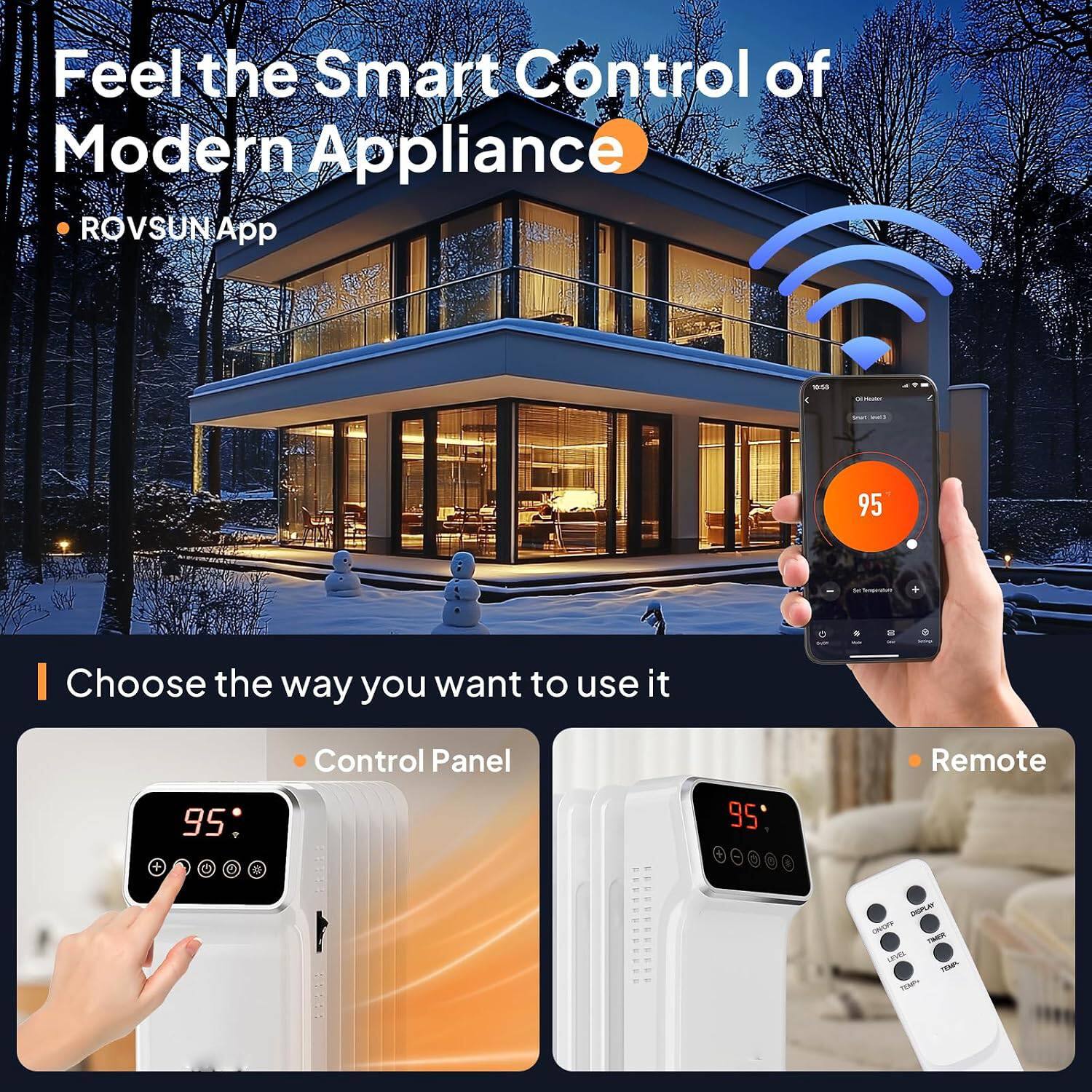 Feel the Smart Control of Modern Appliance  
ROVSUN App

16:58  
0 HAZER  
(100  
95  
3  
-  
Choose the way you want to use it  
95  
Control Panel  
95  
Remote  
+  
9  
DISPLAY ONOFF THER una TEMP TEMP>
