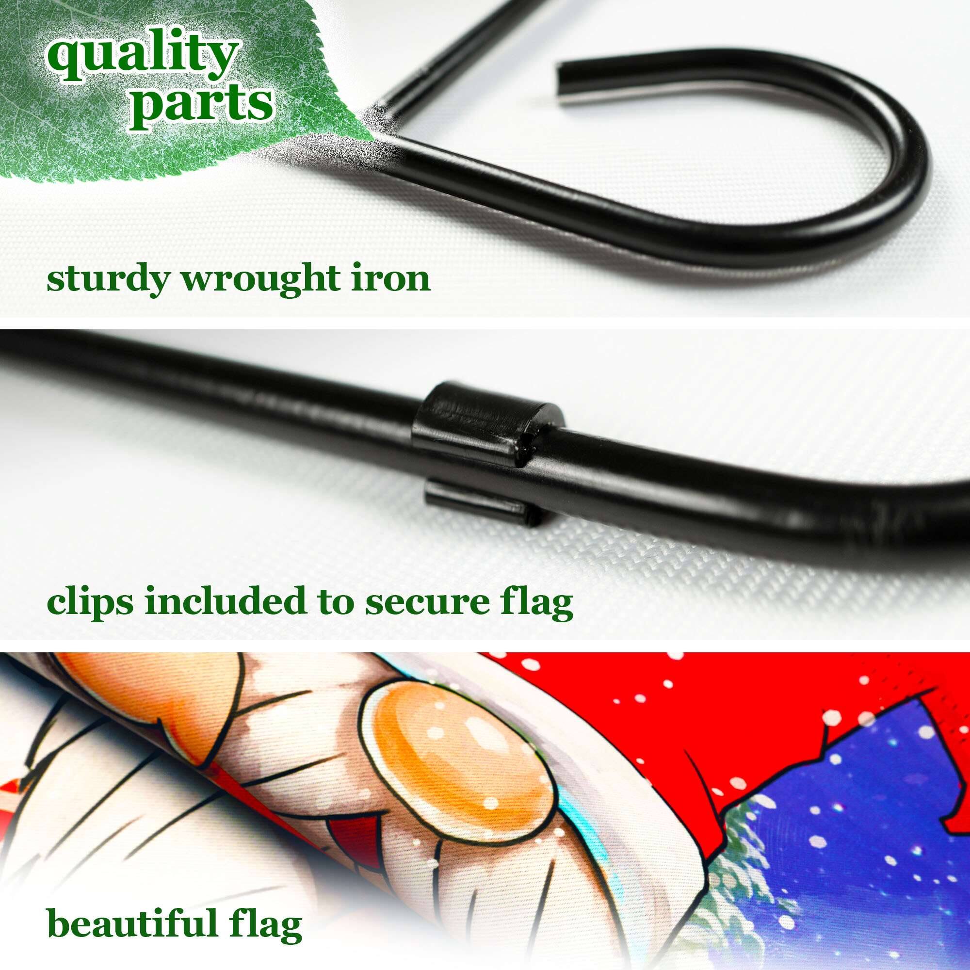 quality parts  
sturdy wrought iron  
clips included to secure flag  
beautiful flag