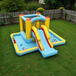 BreeBe - Multi-Activity 7-in-1 Inflatable Jumping Castle with Slide and Tunnel, Powered by 550W Blower - Multicolor