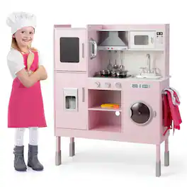 Costway - Kids Pretend Kitchen Play Set Toddler Toy Wooden Chef Height Adjustable with Sounds - Pink