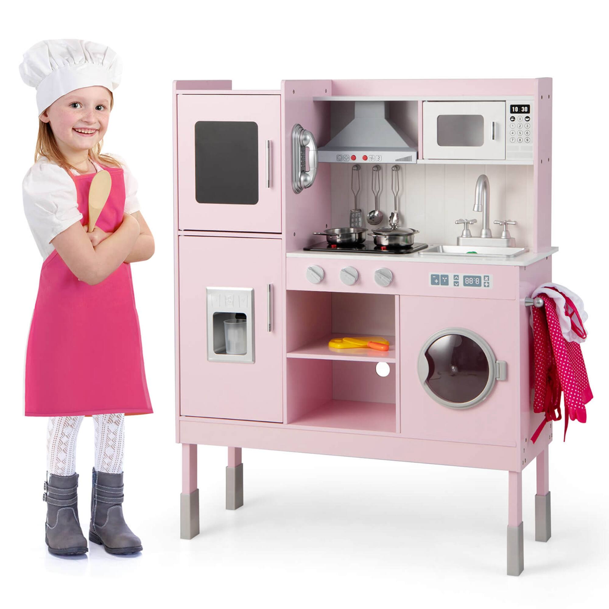Costway - Kids Pretend Kitchen Play Set Toddler Toy Wooden Chef Height Adjustable with Sounds - Pink