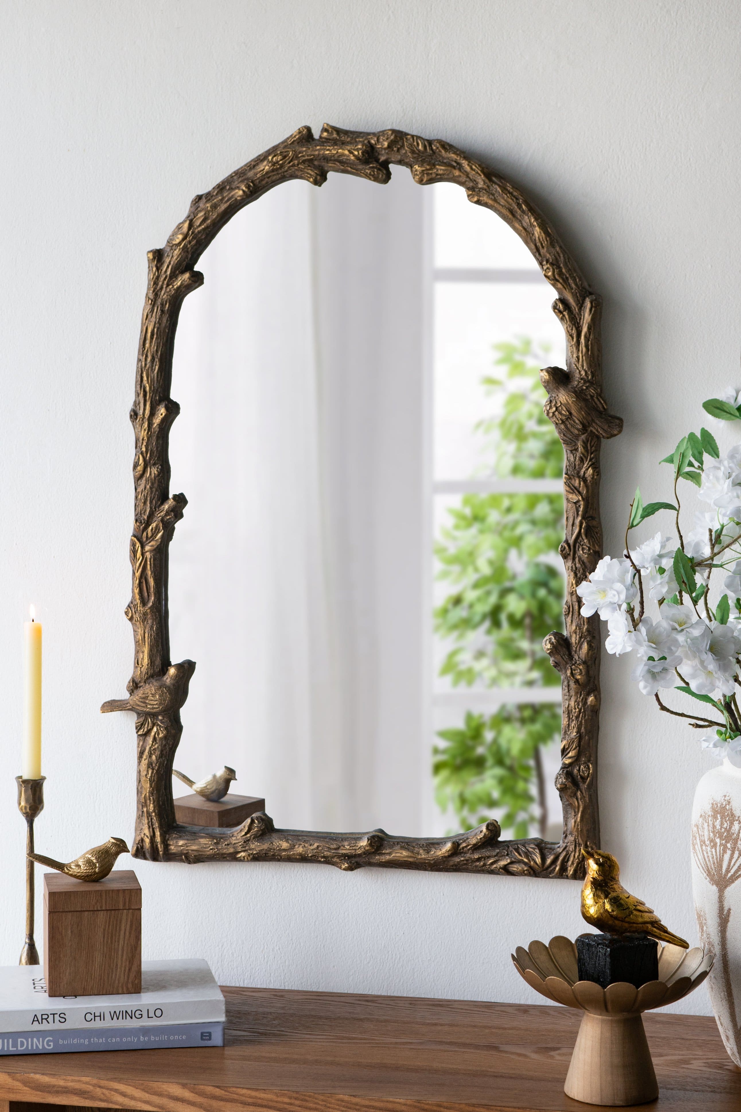 TinyHomie - 24x34 Inch Arched Magnesian Wall Mirror with Gold Botanical and Bird Motifs
