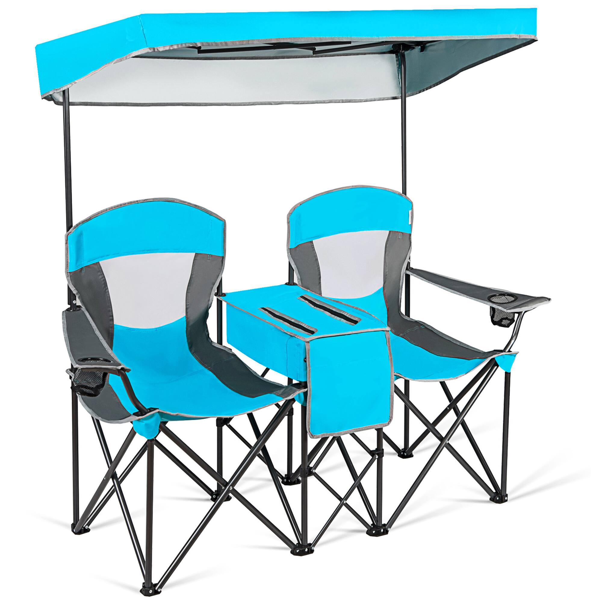 Alt View 3. Gymax - Gymax Folding 2-person Camping Chairs Double Sunshade Chairs w/ Canopy Blue - Blue.
