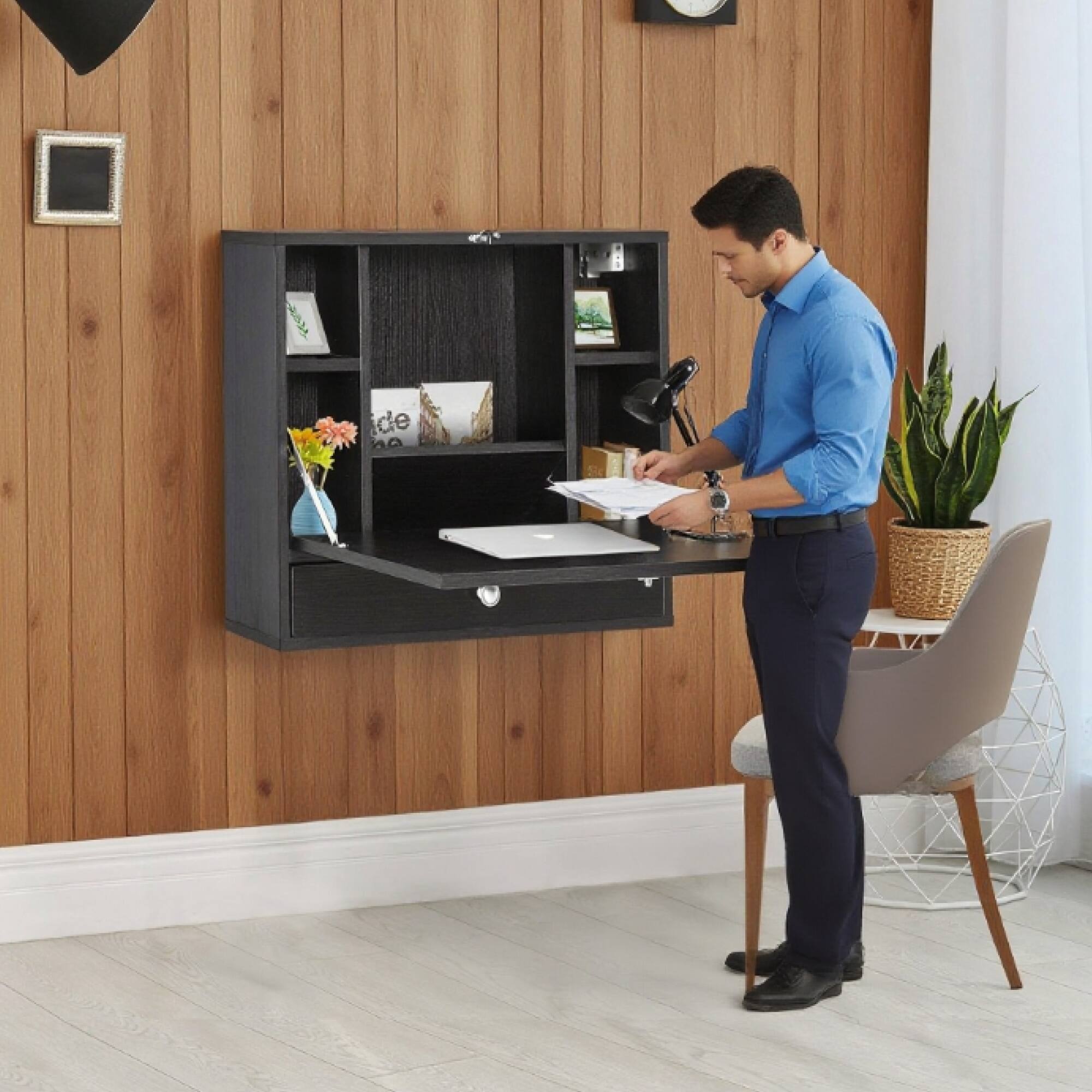 Front. GOODSILO - Wall Mounted Floating Desk with Storage Shelves and Foldable Design for Home Office Space Saving Solution - Black.