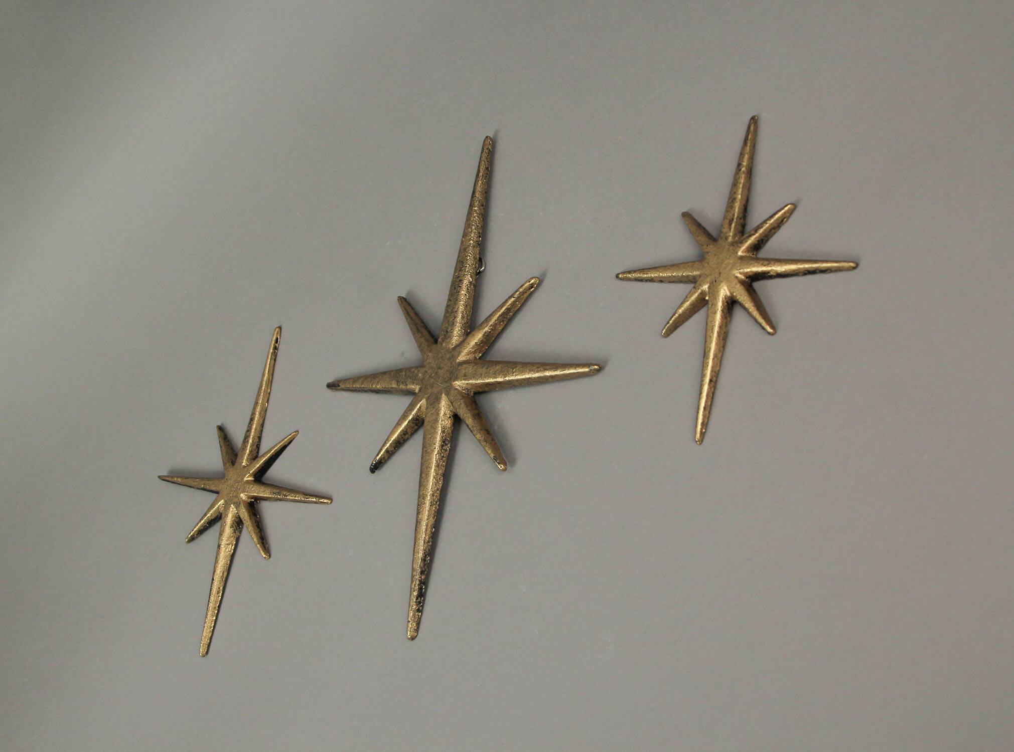Alt View 1. Zeckos - Set of 3 Metallic Gold Cast Iron Starburst Wall Hangings 8 Pointed Stars - Gold.