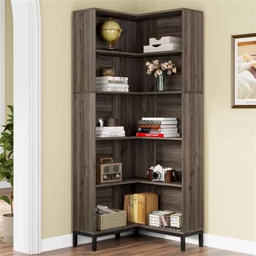 Angle. SlickBlue - 71" Corner Shelf Bookcase with Wood Finish for Room Organization - Dark Grey.