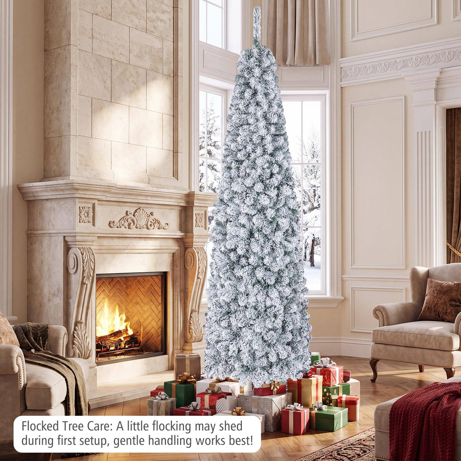 Flocked Tree Care: A little flocking may shed during first setup, gentle handling works best!