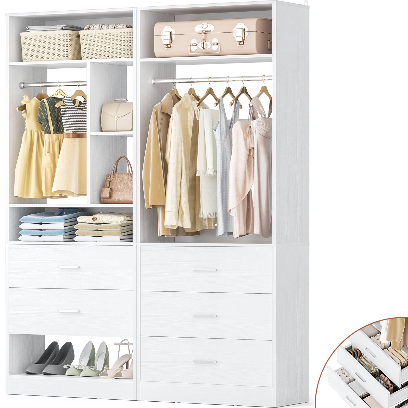 Angle. Aheaplus - Heavy Duty 48-Inch Walk-in Closet Organizer: 5 Wood Drawers, 2 Hanging Rods, 7 Shelves (48x15x80 in) - White.