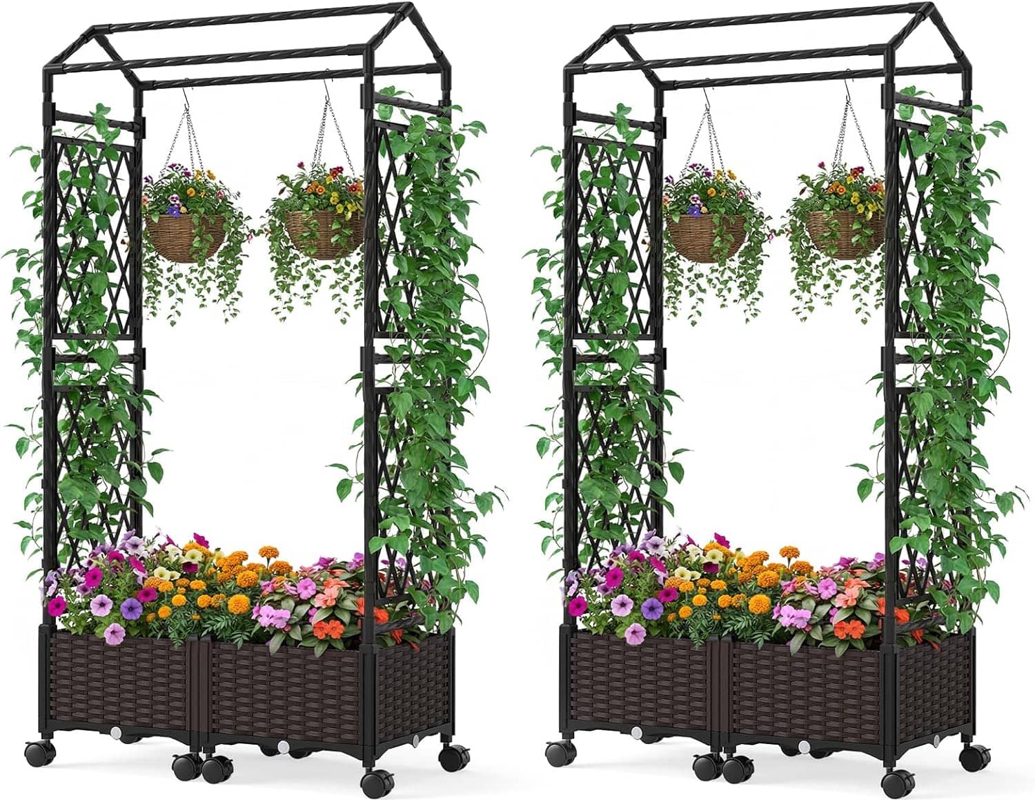 Gymax - 2PCS Self-Watering Planter Boxes w/ Lattice Trellis & Roof 5.5 FT Tall - Brown