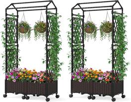 Gymax - 2PCS Self-Watering Planter Boxes w/ Lattice Trellis & Roof 5.5 FT Tall - Brown