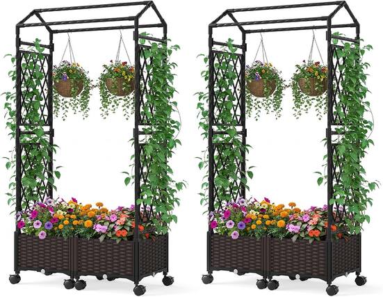 Front. Gymax - Gymax 2PCS Self-Watering Planter Boxes w/ Lattice Trellis & Roof 5.5 FT Tall - Brown.