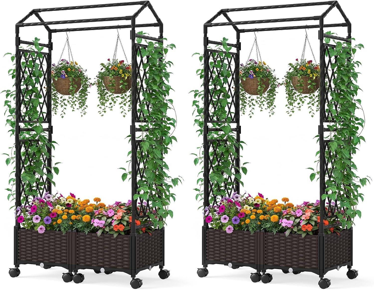 Front. Gymax - Gymax 2PCS Self-Watering Planter Boxes w/ Lattice Trellis & Roof 5.5 FT Tall - Brown.