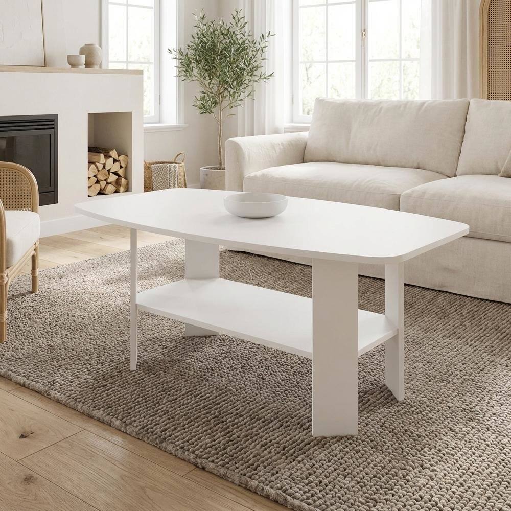 Left. FurniFact - White Simple Design Coffee Table with Storage Shelf for Residential Use - White.