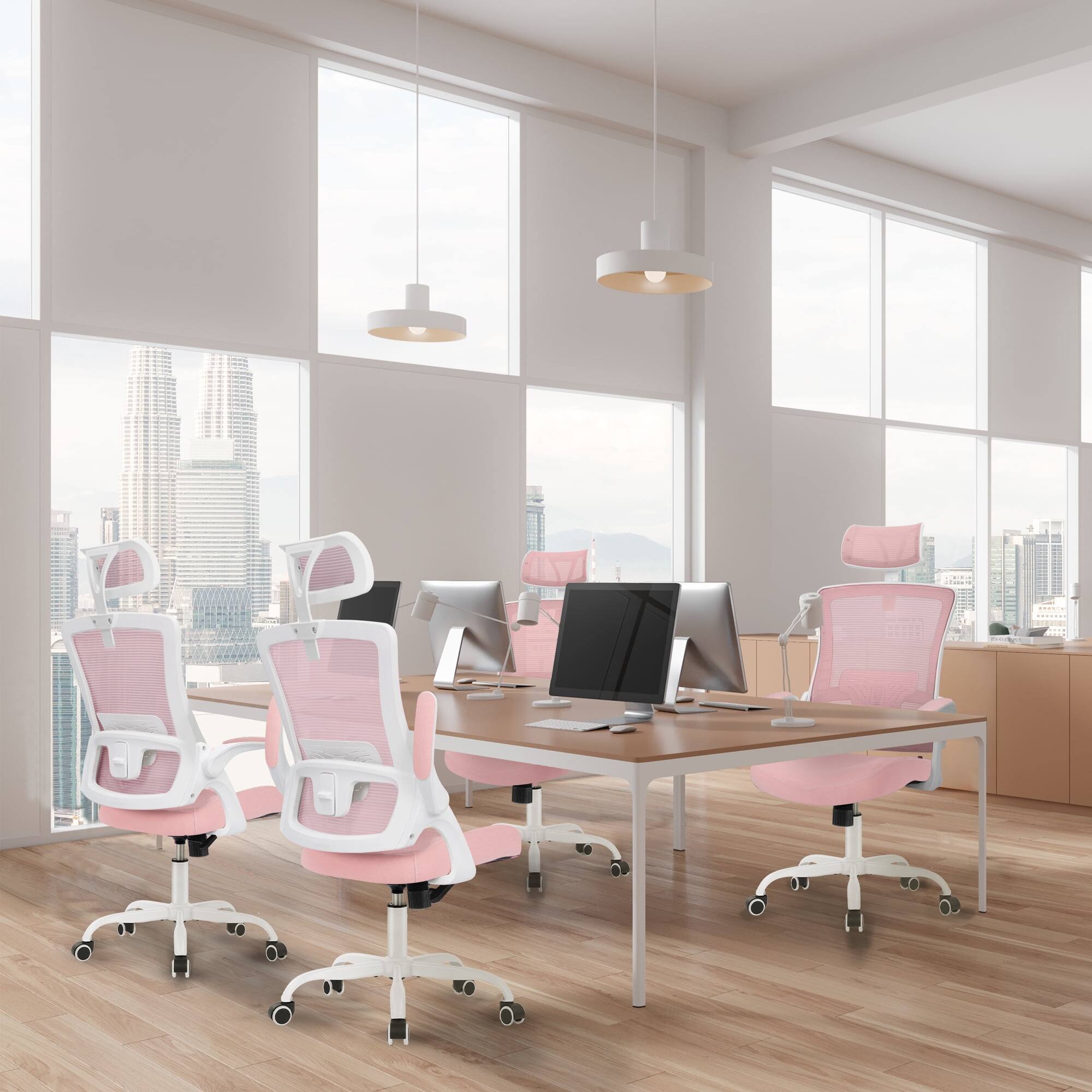 Alt View 8. Neo Chair - Office Desk Computer Mesh Chair High Back Comfy Adjustable Ergonomic Headrest Lumbar Rolling Flip-up Armrests Steel Base - Steel Base-Pink.
