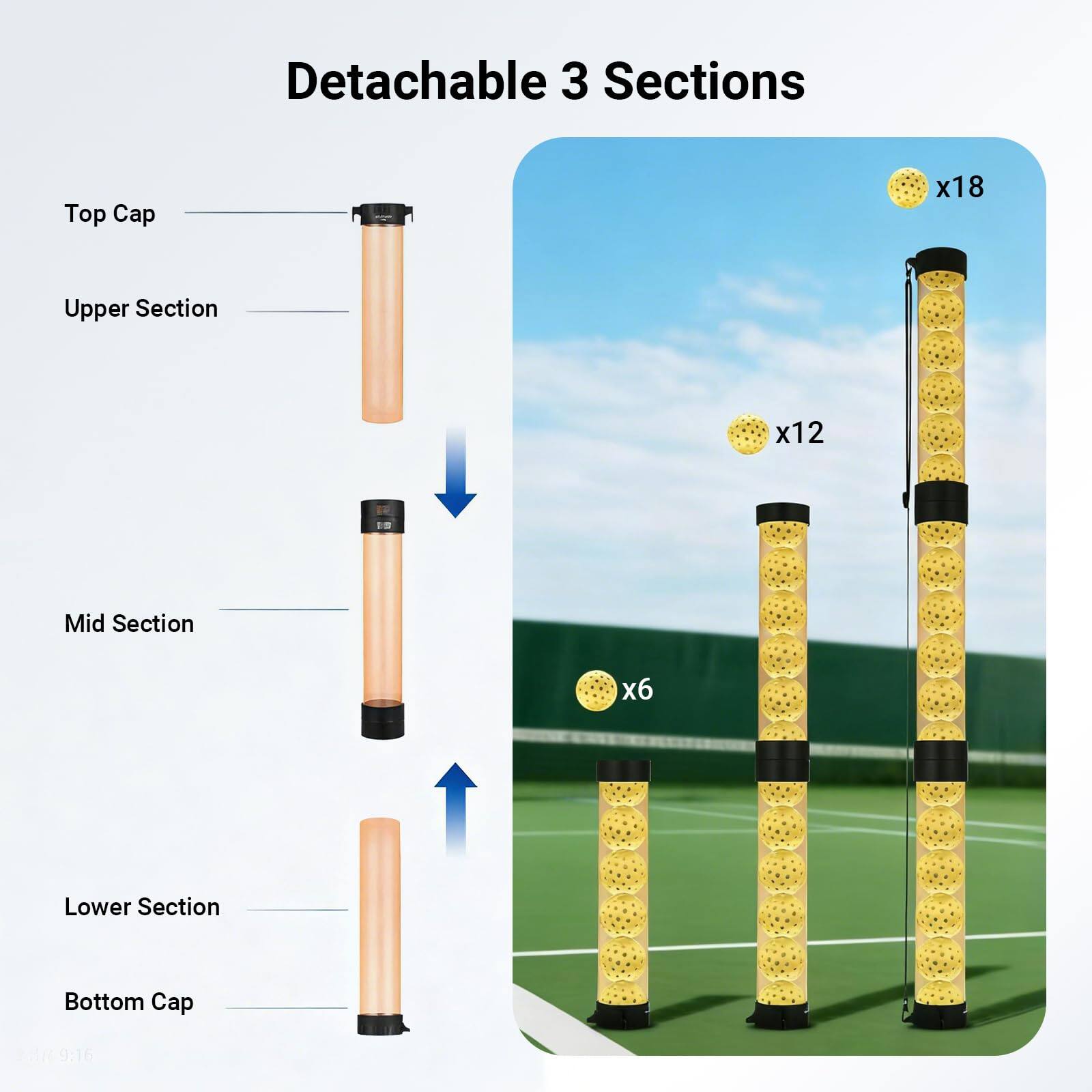 Detachable 3 Sections

Top Cap x18  
Upper Section x12  
Mid Section x6  
Lower Section  
Bottom Cap