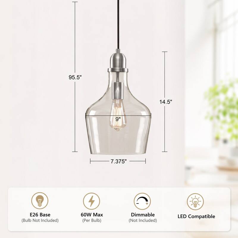 95.5"  
14.5"  
9"  
7.375"  
E26 Base (Bulb Not Included)  
60W Max (Per Bulb)  
Dimmable (Not Included)  
LED Compatible