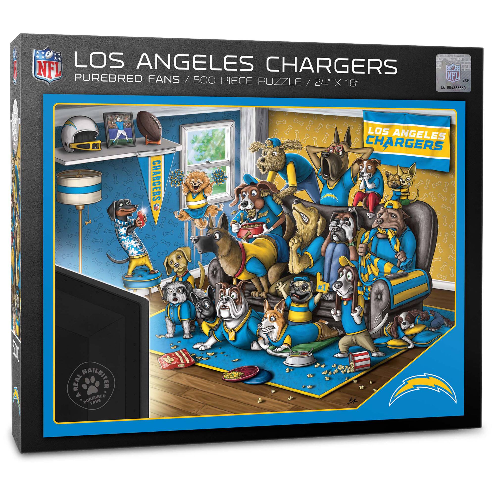 LOS ANGELES CHARGERS  
PUREBRED FANS / 500 PIECE PUZZLE / 24" X 18"  

NFL  
LA 04028880  

REAL MAIL-ORDER  
PUREBRED FANS  
FAN ARTWORK  

LOS ANGELES CHARGERS