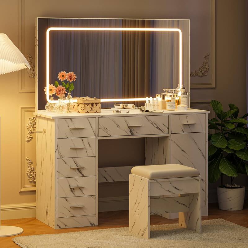Back. Qeetex - Makeup Vanity Table with LED Mirror, Power Outlets, 7 Drawers, Storage Cabinet, Desk & Stool Set for Bedroom - Marble White.
