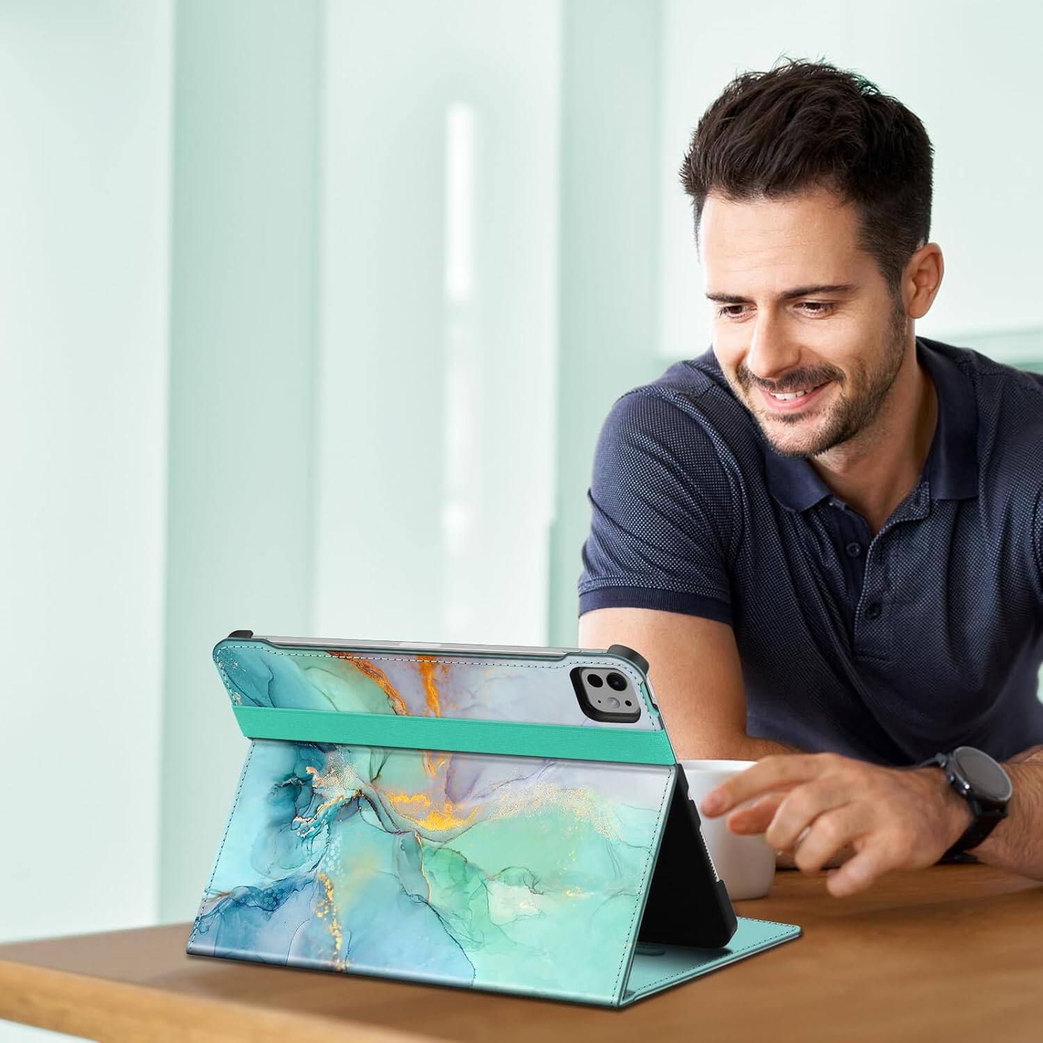 Left. Fintie - Case for iPad Pro 11-inch (M5) 2025 / (M4) 2024 Multi-Angle Viewing Folio Stand Protective Cover with Pocket - Emerald Marble.