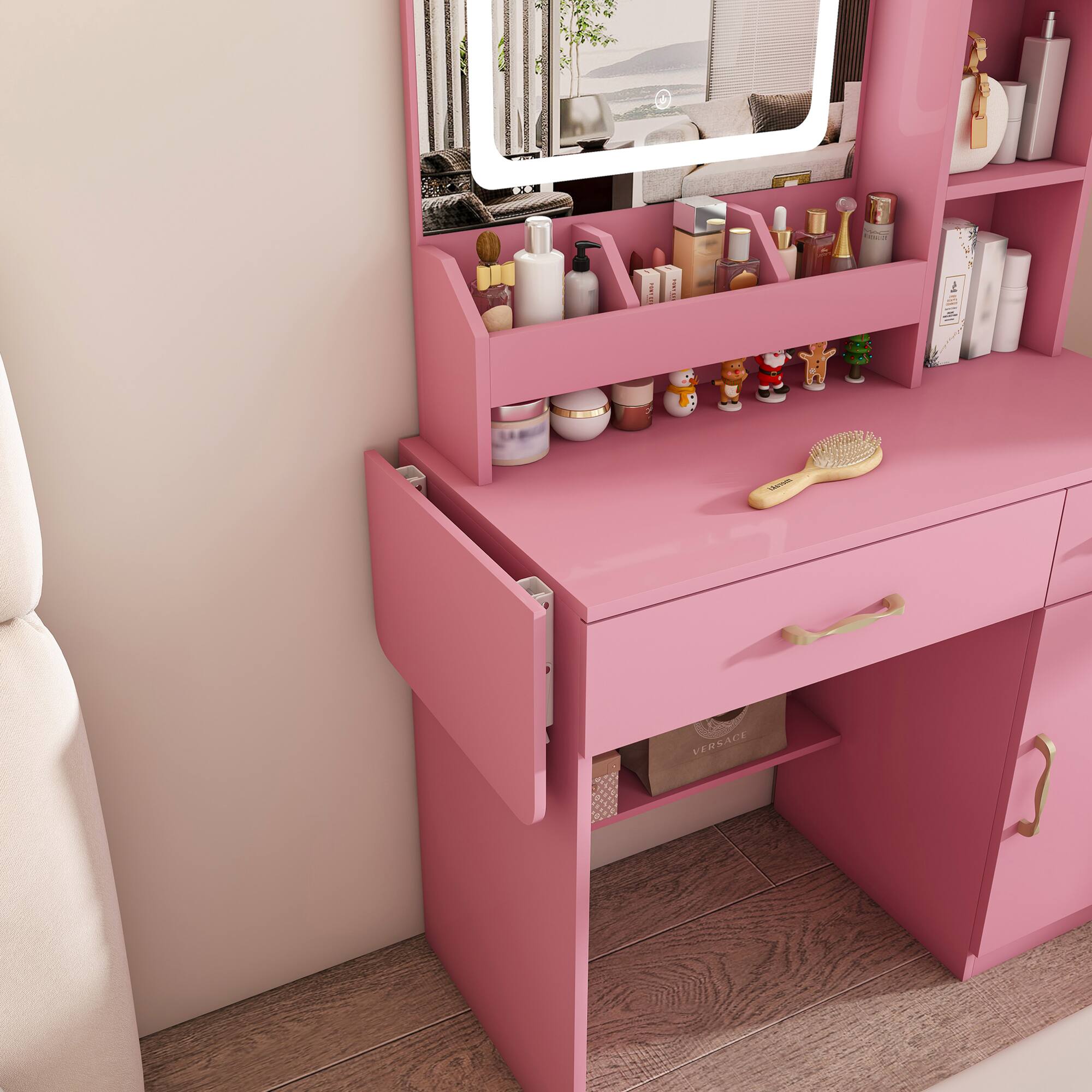 Alt View 10. GOODSILO - Elegant Vanity Desk with LED Mirror Lights, Power Outlet Charging Station, and Storage Stool - Pink.