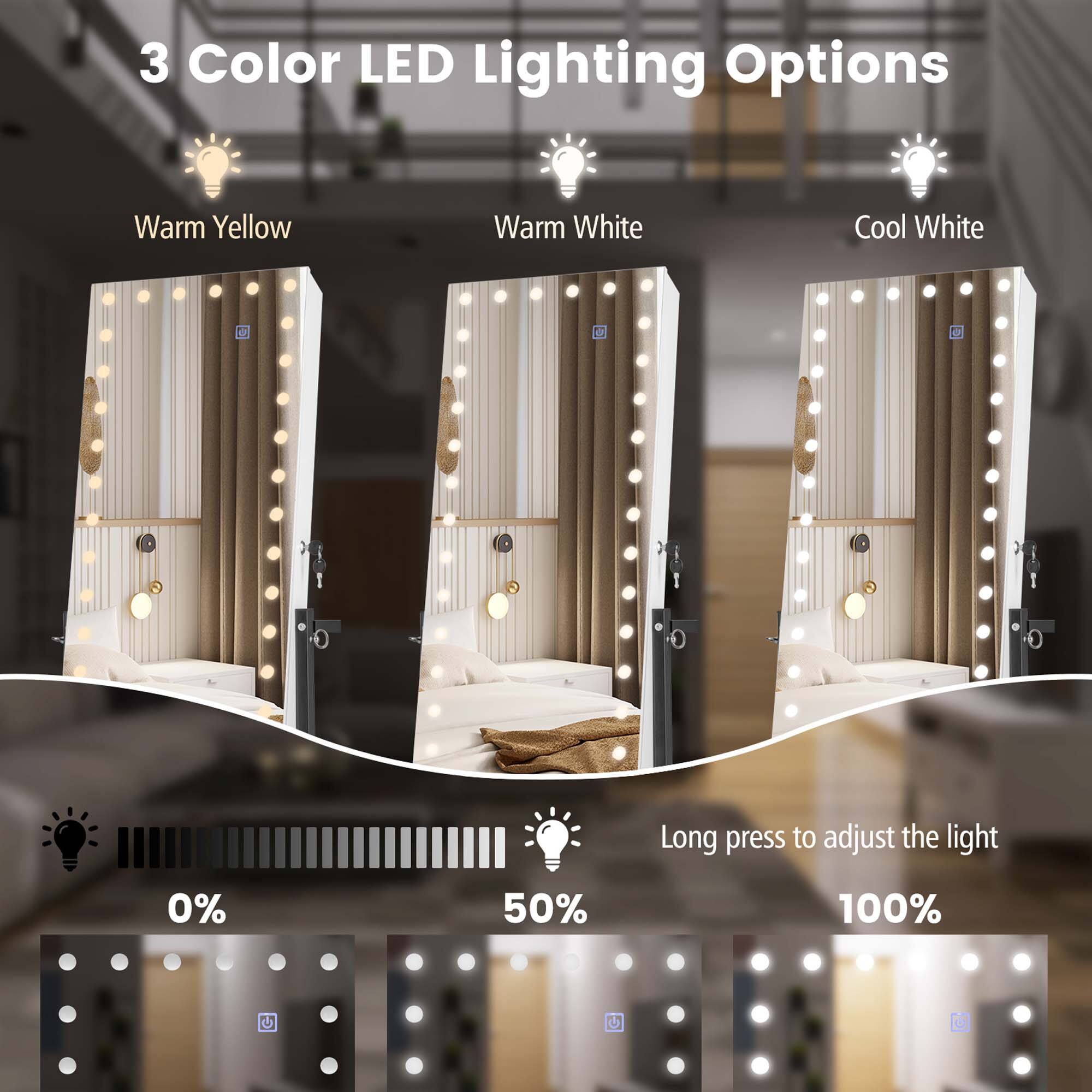 3 Color LED Lighting Options

Warm Yellow  
Warm White  
Cool White  

Long press to adjust the light  

0%  
50%  
100%