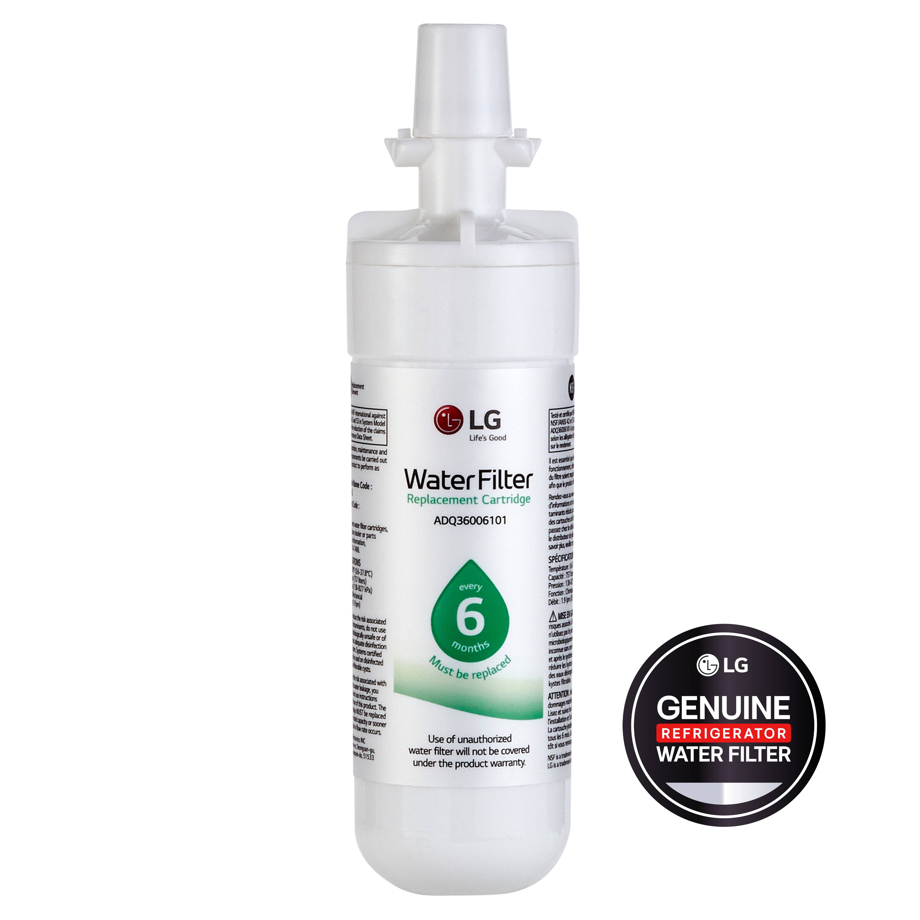 I - - - H F - 3 *L- LG Life's Good  o d0 - a  2 L . Water Filter .  A Replacement Cartridge - ADQ36006101 - omons - A - SeORO 2 Inpac I Capee every - W Aa 26 6 A K -  - man * months todeted Must be replaced - - Ie - - Use of unauthorized water fiter wil not be covered under the product warranty L- LG GENUINE REFRIGERATOR WATER FILTER