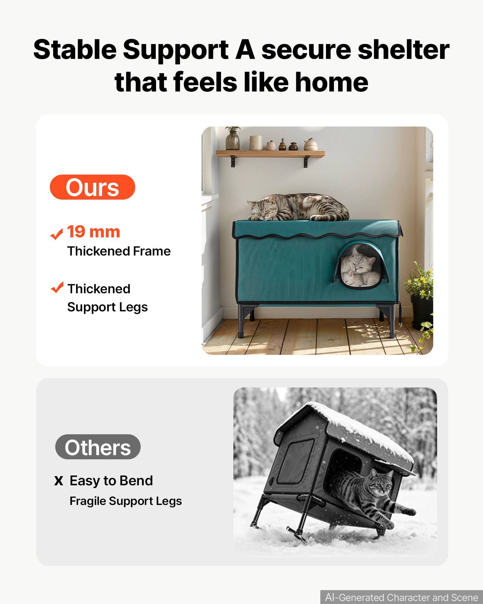 Stable Support  
A secure shelter that feels like home

Ours  
✓ 19 mm Thickened Frame  
✓ Thickened Support Legs

Others  
X Easy to Bend  
Fragile Support Legs

AI-Generated Character and Scene