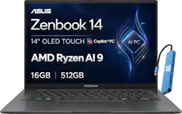 ASUS - Zenbook 14 14" FHD+ OLED Touchscreen Laptop - AMD Ryzen AI 9 465 2026 - 16GB Memory - 512GB Storage - Copilot+ PC - Jasper Gray