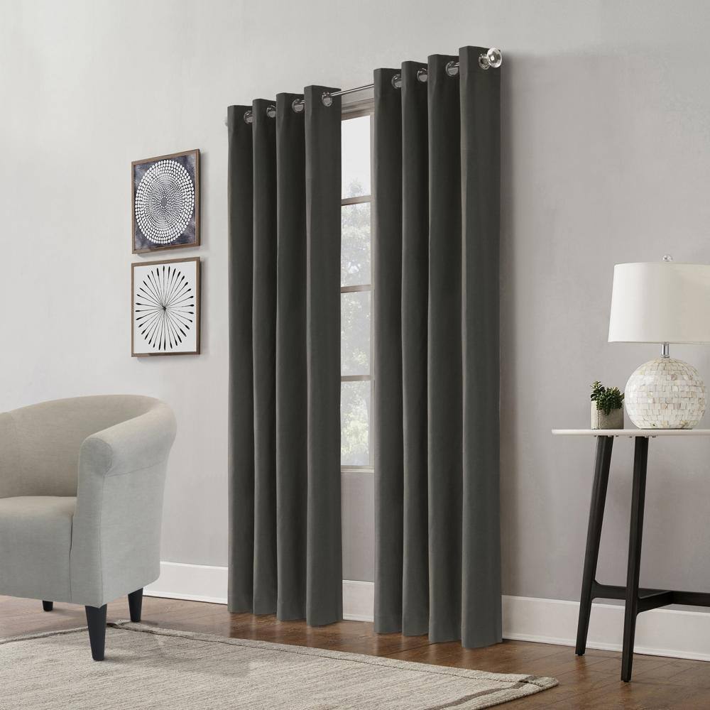 Angle. Commonwealth Home Fashions - Thermaplus Edison Grommet Premium Quality Blackout Curtains Panel for Bedroom 52" x 108" Charcoal - Charcoal.