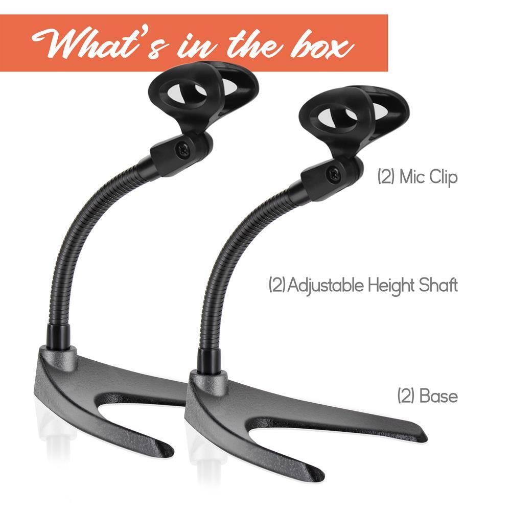 What's in the box

(2) Mic Clip  
(2) Adjustable Height Shaft  
(2) Base