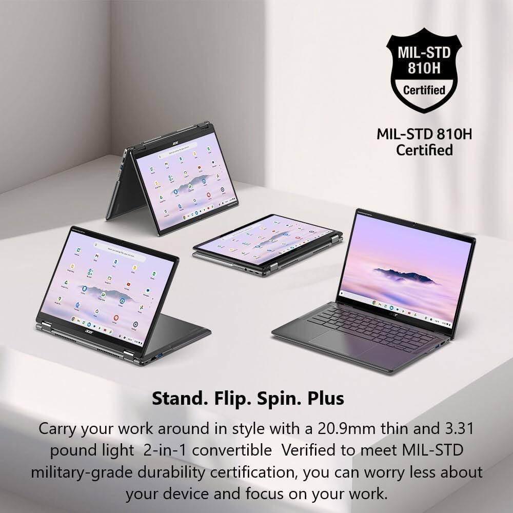 MIL-STD 810H Certified

Stand. Flip. Spin. Plus

Carry your work around in style with a 20.9mm thin and 3.31 pound light 2-in-1 convertible. Verified to meet MIL-STD military-grade durability certification, you can worry less about your device and focus on your work.