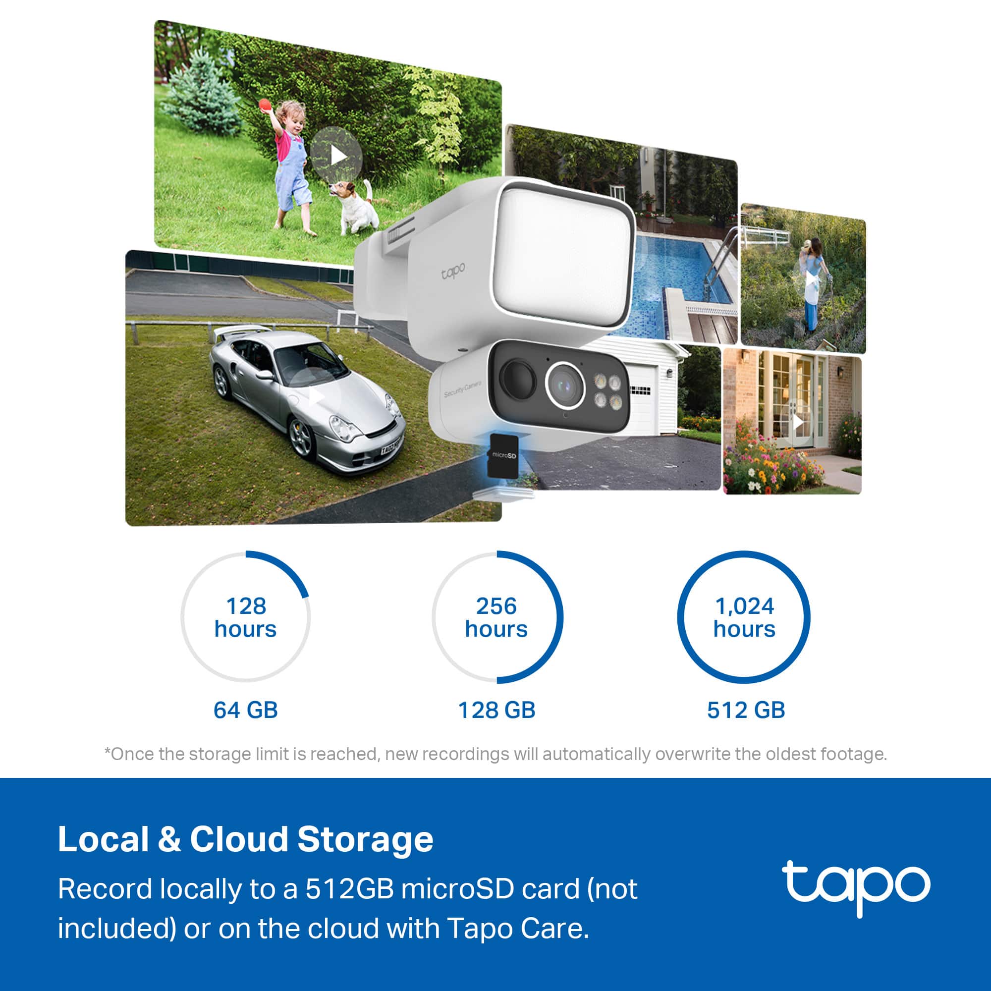 tapo C200 - 128 hours 256 hours 1,024 hours 64 GB 128 GB 512 GB *Once the storage limit is reached, new recordings will automatically overwrite the oldest footage. Local & Cloud Storage Record locally to a 512GB microSD card (not included) or on the cloud with Tapo Care.