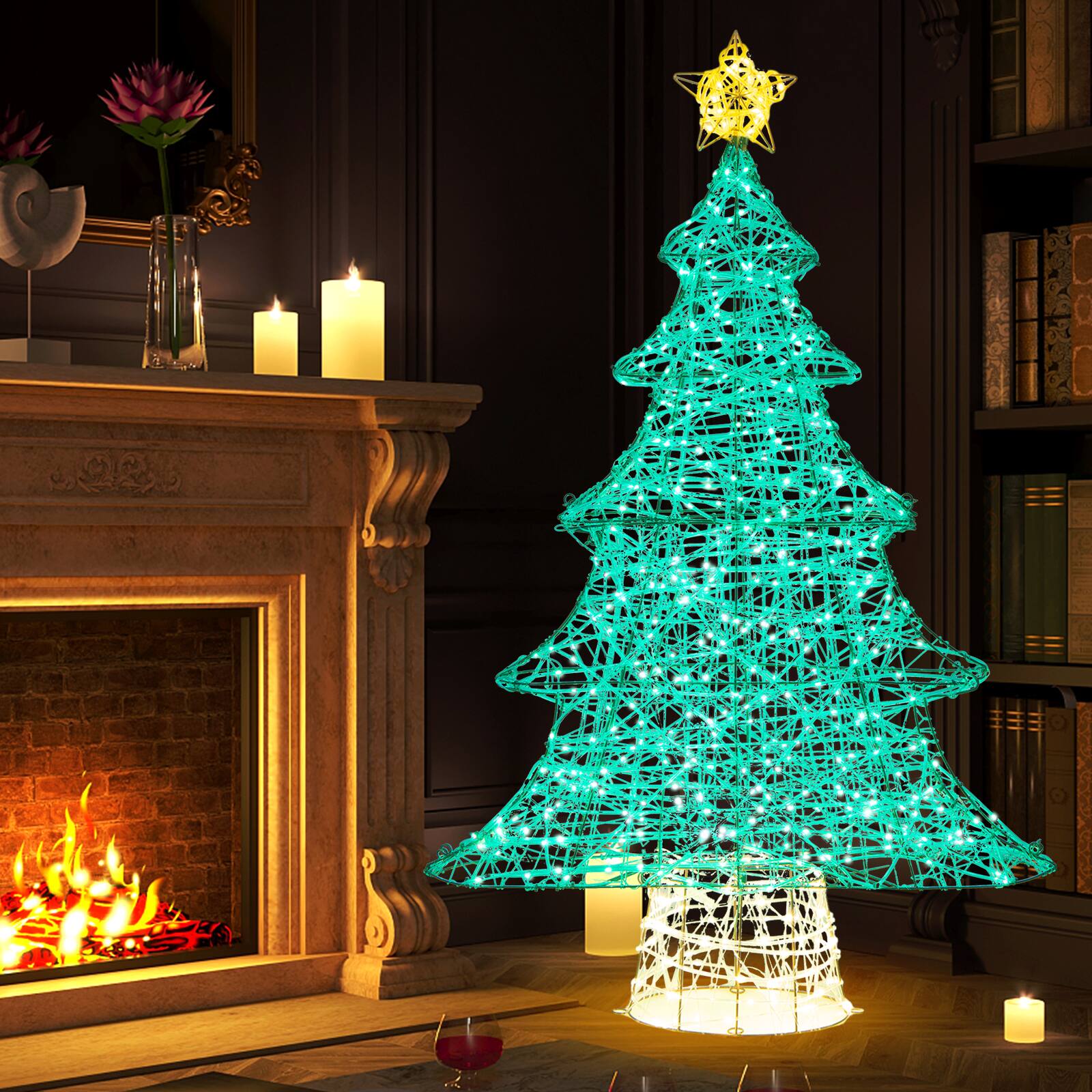 Alt View 1. Costway - Costway 4FT Lighted Christmas Tree with Top Star, Illuminated Christmas Tree Decoration with 520 Warm White LED Lights - Green & Yellow.