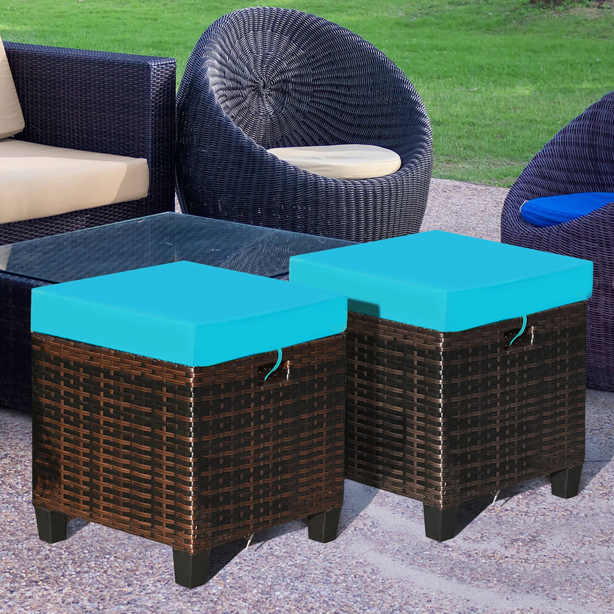 Alt View 1. Costway - 2PCS Patio Rattan Ottoman Cushioned Seat Foot Rest Coffee Table - Turquoise.
