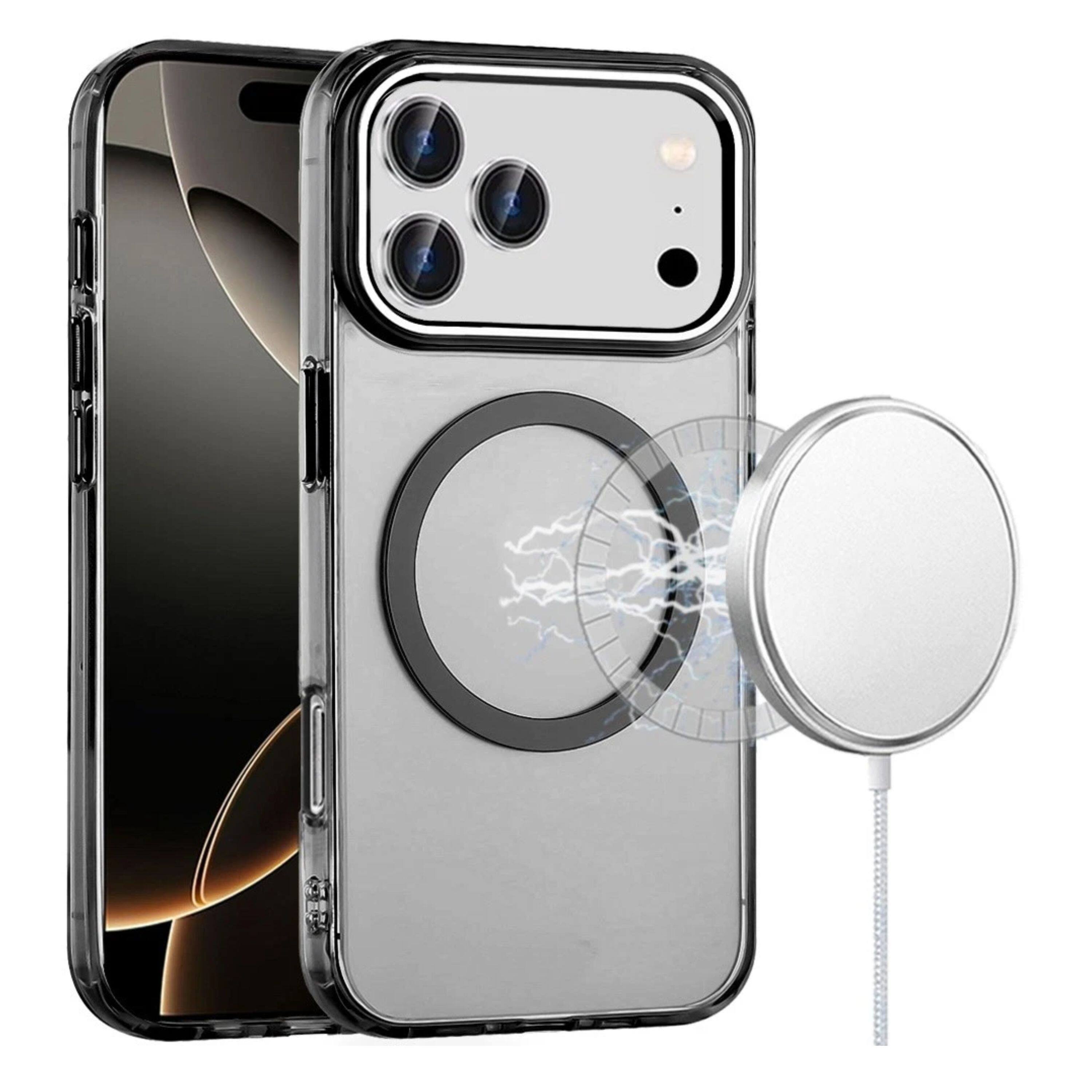 Kitcheniva - Trans-Clear Metal Buttons Phone Case With Tempered Glass For iPhone 17 Pro - Black