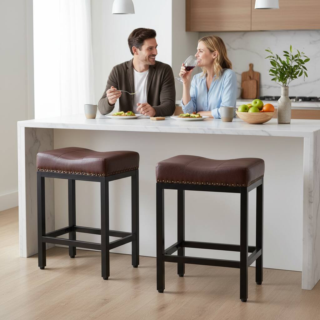 Alt View 4. AOITUN - Saddle Bar Stools Set of 2, 24 Inch Upholstered Kitchen Stools, Backless Metal Chairs for Island - Brown.