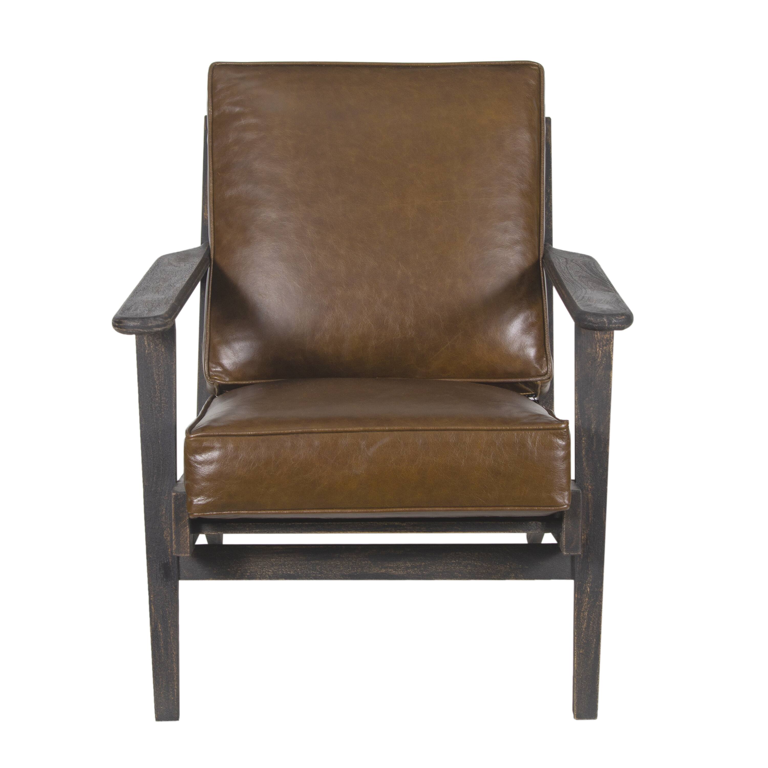 Alt View 1. Manhattan Lane - Amber Accent Chair, Handcrafted Slatted Mango Wood, Brown Buffalo Leather Cushions, Angled Legs - Brown.