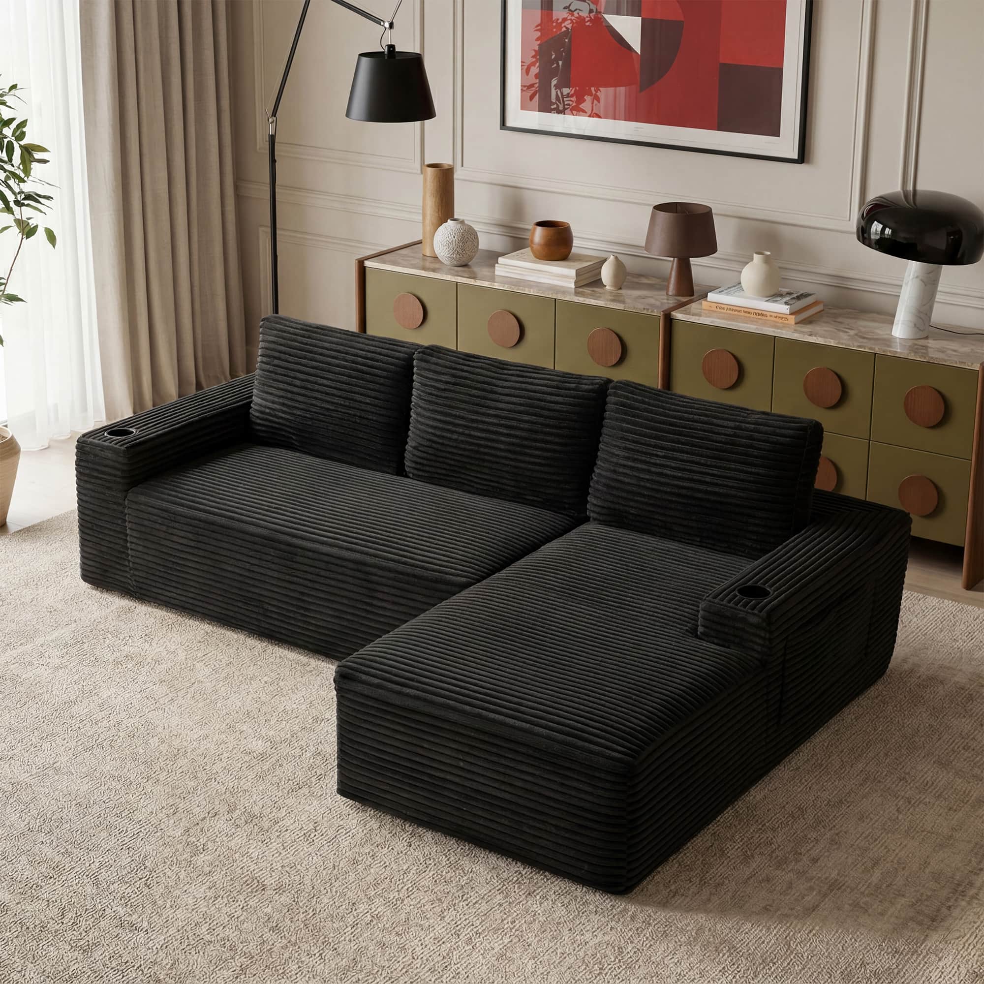 Boyel Living - 104.3-Inch Corduroy Modular L-Shaped Cloud Sectional Sofa with Chaise - Black