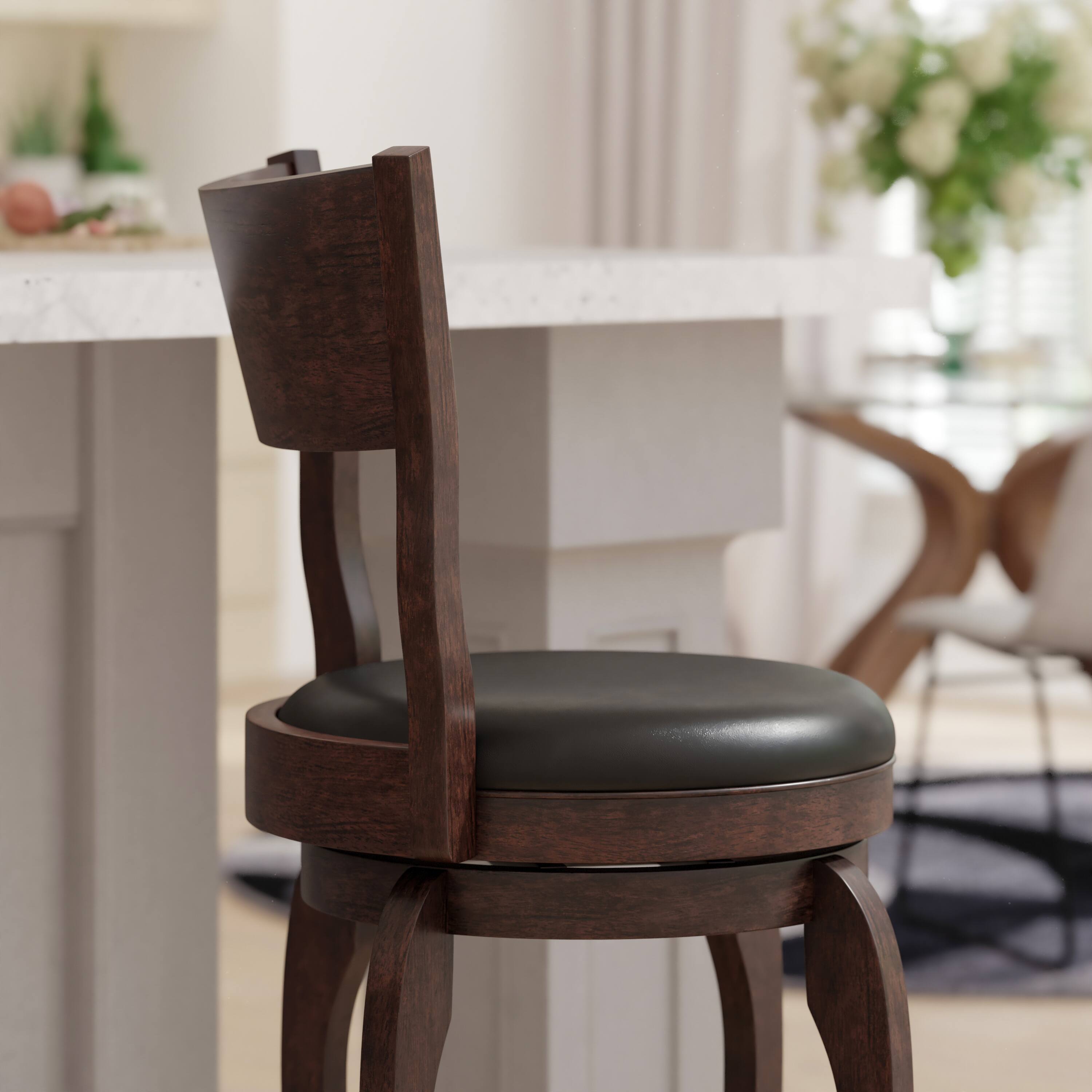 Alt View 4. Emma + Oliver - Cale Classic Pub Style Swivel Wooden Barstool with Padded Faux Leather Seat - Black Vinyl/Espresso Frame.